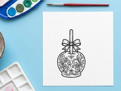 Decorative candy apple line art. Ornate caramel apple illustration with a festive bow.