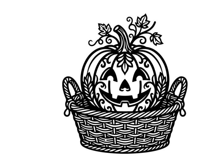 Dekorativer Halloween-Kürbis mit geschnitztem Gesicht in einem Weidenkorb