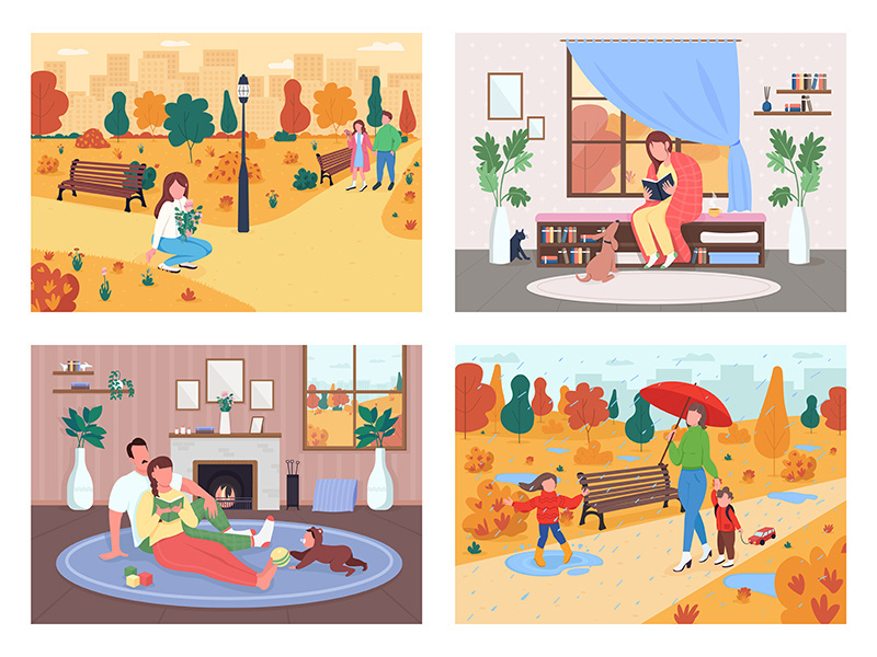 Fall activity flat color vector illustration set