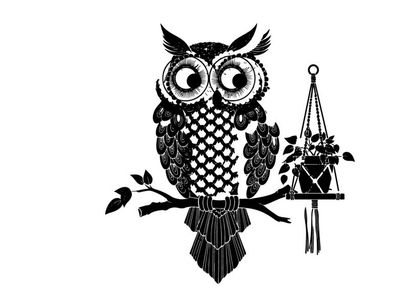 Owl silhouette perched beside hanging plant