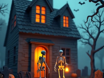 Two skeletons stand in front of a spooky house in a graveyard preview picture