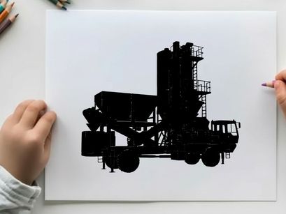 Silhouette of a large industrial truck with a tall conveyor system