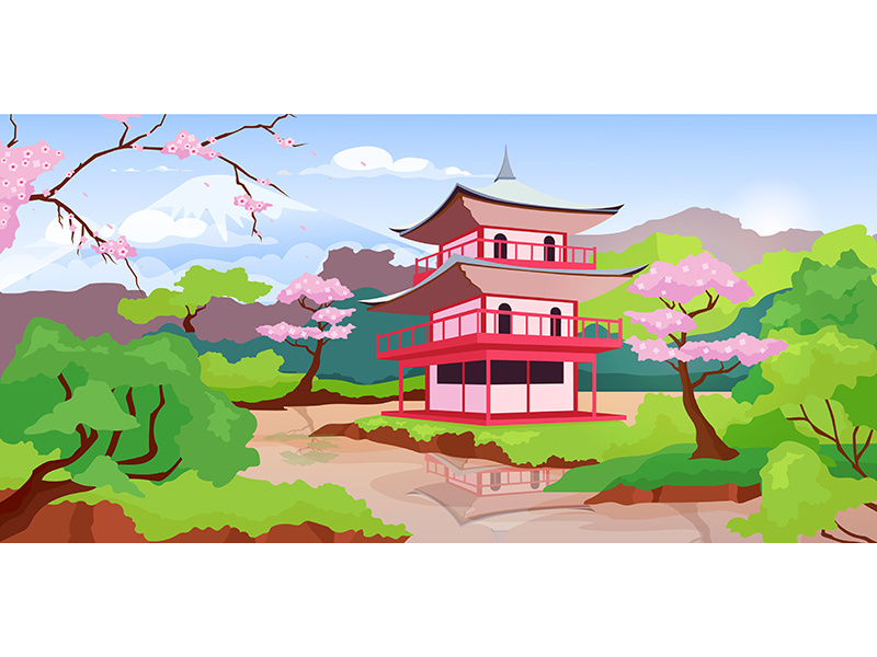 Japanese pagoda and Fuji Mount flat color vector illustration