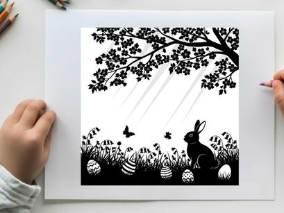 Easter bunny silhouette under tree with eggs and butterfly