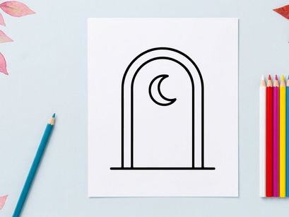 Ilustración minimalista de luna de Halloween y puerta en forma de arco. Entrada nocturna espeluznante vectorial para proyectos de diseño estacional.