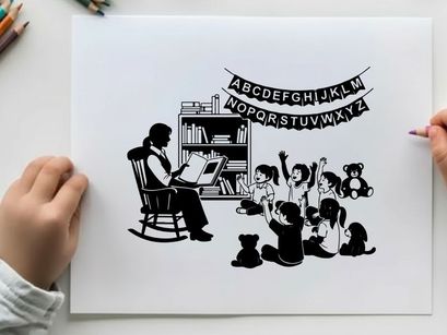 Silhouette of a woman reading to children in a library with alphabet banner