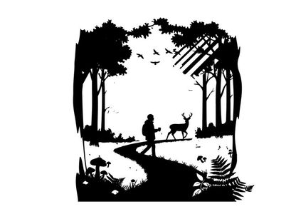 Silhouette of a person and deer in forest landscape