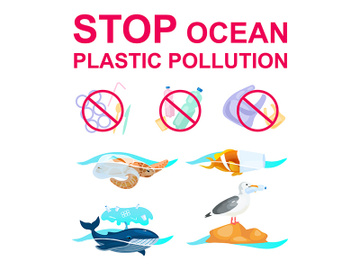 Stop plastic pollution in ocean flat concept icons set preview picture