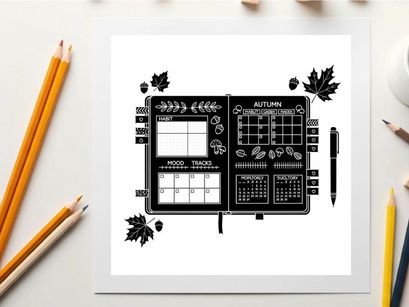 Silhouette of a bullet journal with grids and leaves
