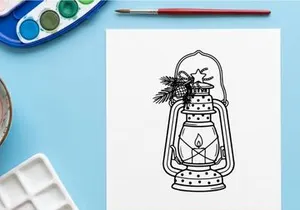 Lanterna vintage desenhada à mão com vela e pinha para decoração festiva de fim de ano