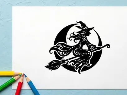 Elegant Hexe auf Besenstiel mit Mondsilhouette in Schwarz-Weiß