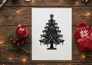 Ilustração de árvore de Natal em preto e branco com bastões de doces e enfeite em estrela