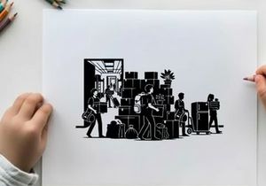 Silhouette of people moving boxes and furniture into a new home