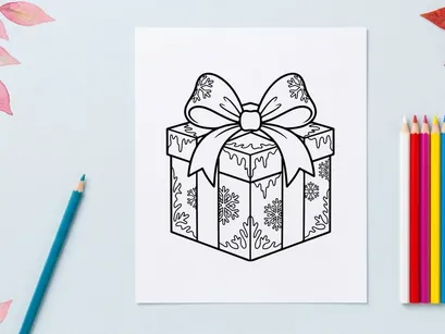 Caixa de presente de Natal com padrão de floco de neve e grande laço, desenho em arte de linha preto e branco.