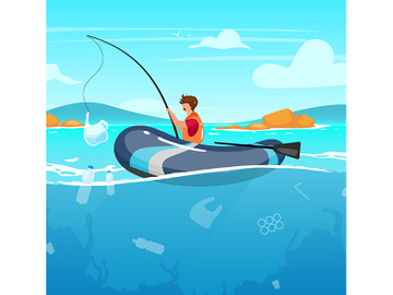 Person fishing in sea full of garbage flat vector illustration preview picture