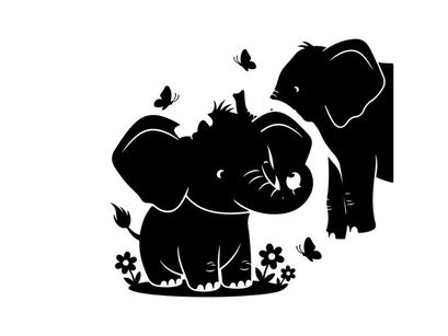Silhouette of two elephants and butterflies in flowers
