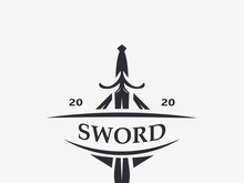 Sword vintage logo design. illustration sword element, can be used as logotype, icon, template coat of arms concept