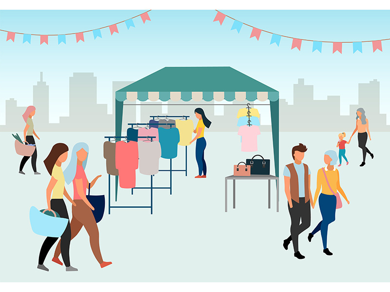 Woman buying clothes at street market flat vector illustration