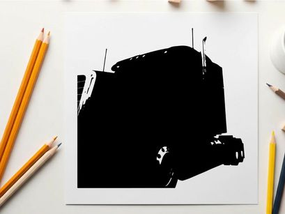 Silhouette of a semi truck against a white background