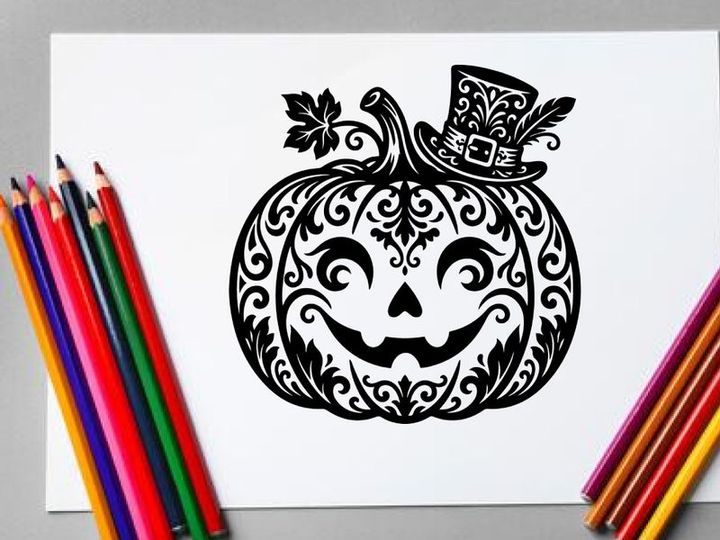 Stylized Halloween Pumpkin with Jack-o'-Lantern Face and Witch Hat