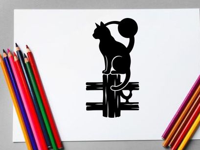 Silhouette eines verspielt-einhörnigen Einhorns, das auf einem Holzpfosten sitzt