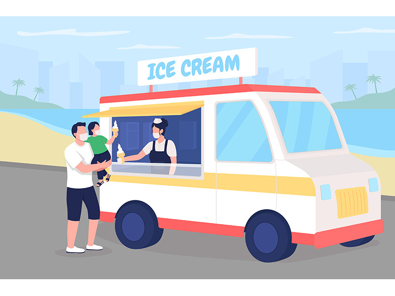 Buying ice cream on beach during pandemic flat color vector illustration
