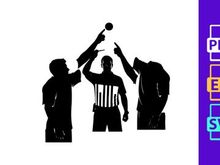 Silhouette of three men playing volleyball with referee