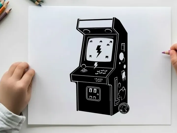 Vintage arcade machine silhouette with lightning bolt logo