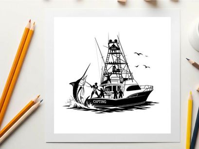 Silhouette of a fishing boat with a large catch and seagulls