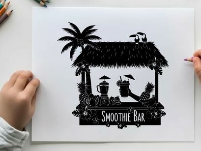 Silhouette of a tropical smoothie bar with palm tree and thatched roof