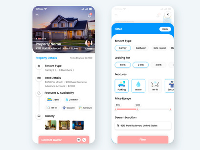 Find Homes, Apartments and Hostel for rent mobile app UI Kit