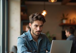 A young freelancer works in a coffee shop