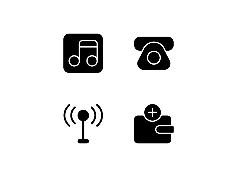 Mobile interface black glyph icons set on white space