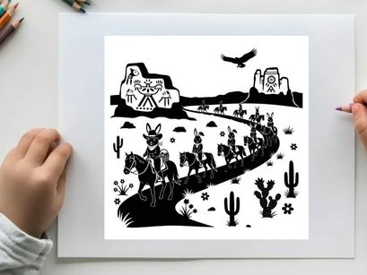 Western desert landscape with cowboy and donkey silhouette