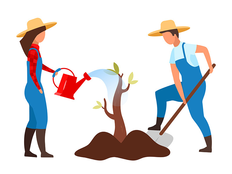 Farmer couple planting small tree, sapling flat vector illustration