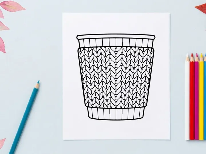 Coffee cup with knitted cozy sleeve, vector line art illustration for Christmas design.