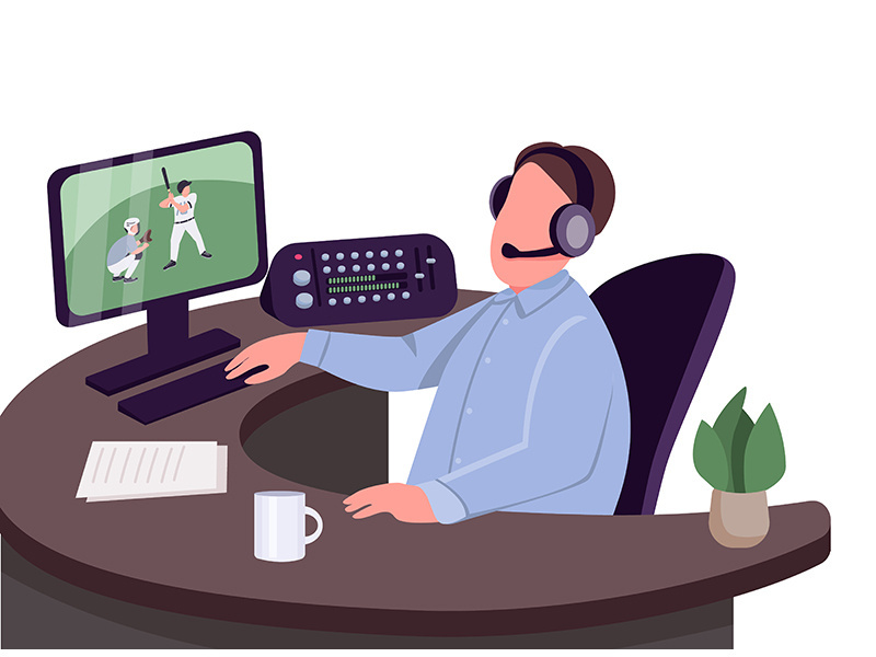Sports commentator flat color vector faceless character