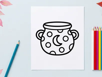 Hand-drawn Halloween cauldron with bubbling potion. Black and white sketch of spooky witch cooking vessel for decorations.