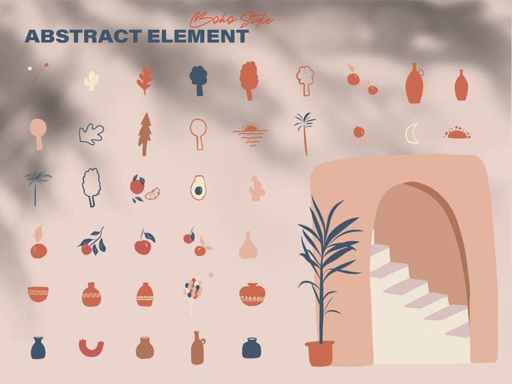 Minimalist abstract nature art shapes boho style. doodle natural concept. Modern hand drawn plant leaf and tropical shape decoration set.