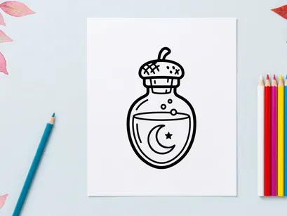 Magic potion bottle icon. Witchcraft elixir flask with moon and star symbol.