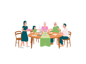 Happy family at dining table for Easter flat color vector detailed characters preview picture
