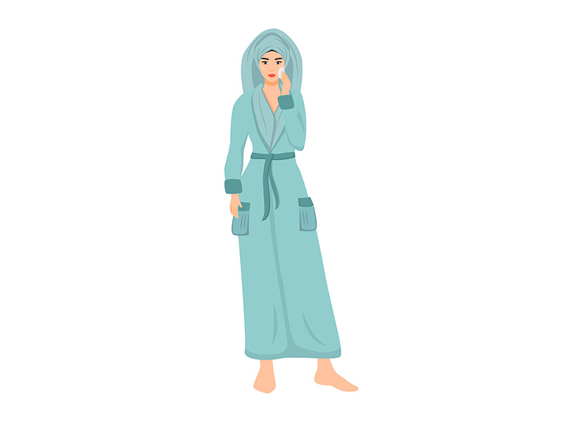 Woman in bathrobe using face toner flat color vector faceless character