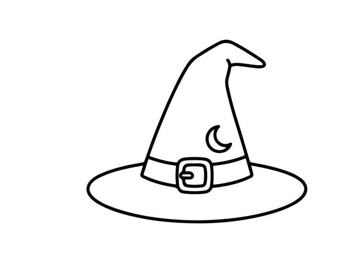 Minimalist witch hat icon for Halloween design. Simple black and white sorcerer hat illustration for party decor and branding.