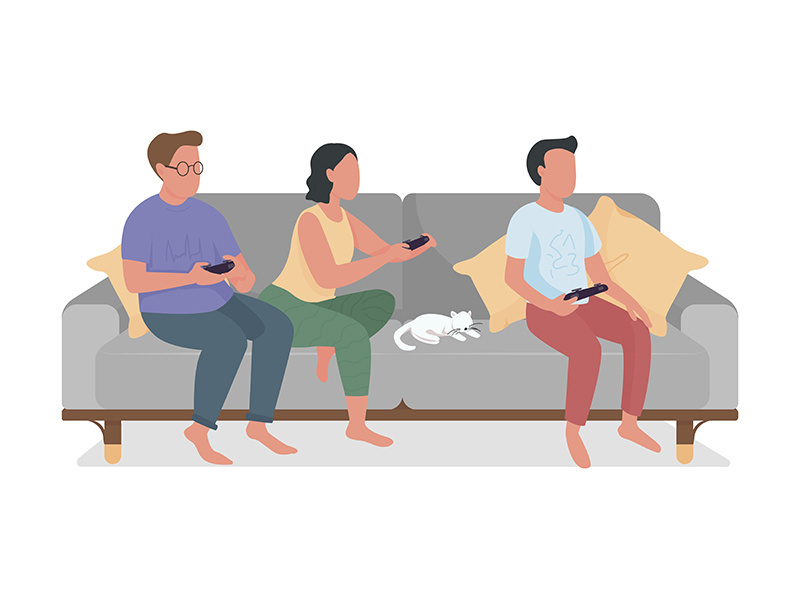 Parents and teen relaxing with video game semi flat color vector characters