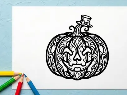 Calabaza de Halloween estilizada con rostro de Jack-o'-Lantern y sombrero de copa