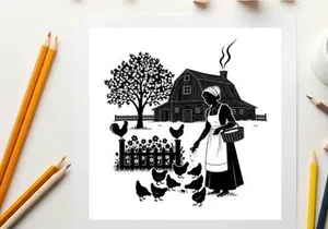 Silhouette of a woman feeding chickens in a rural setting