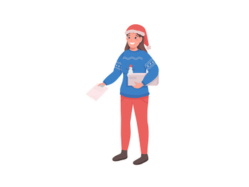 Woman courier in Santa Claus hat flat color vector character preview picture