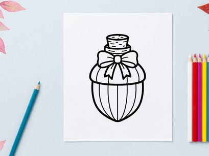 Acorn shaped potion bottle icon. Cute autumn forest magic flask with a decorative bow.