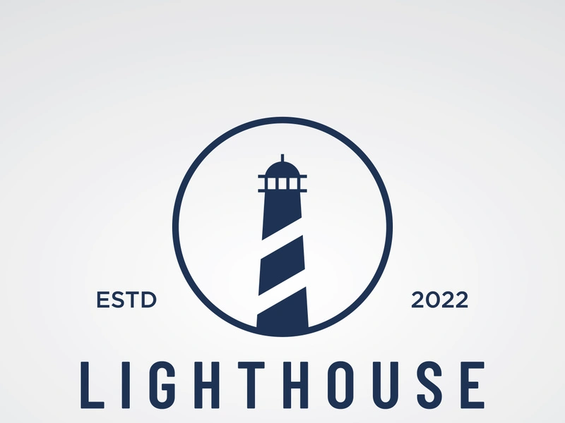 Sea lighthouse tower building creative logo with spotlights vintage vector template.