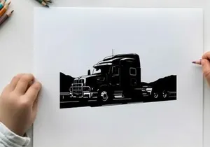 Silhouette of a large truck driving on a highway with mountains